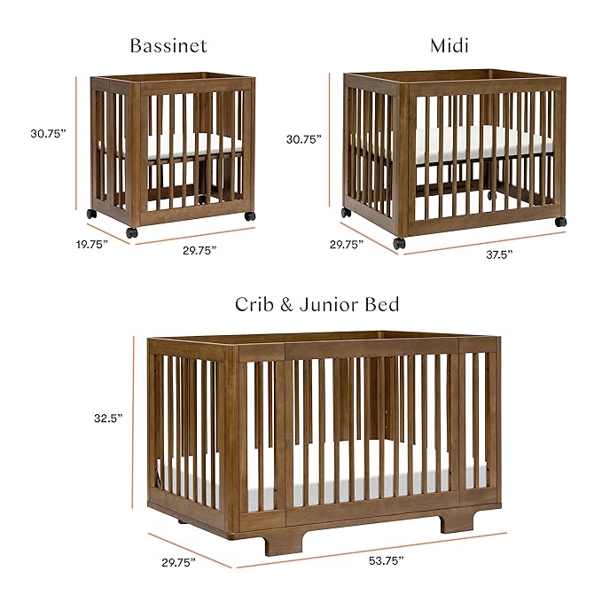 Babyletto Yuzu Convertible All-Stages Bassinet, Midi, Full-Size Crib in Natural Walnut, Greenguard Gold Certified, Portable & Adjustable with Conversion Kits and Pads Included - LeafyLoom