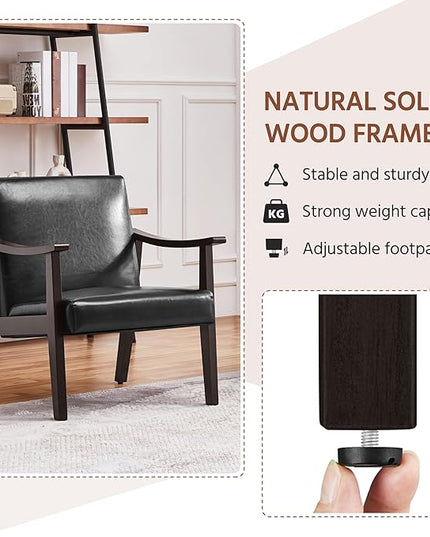Yaheetech PU Leather Accent Chair, Mid-Century Modern Armchair with Solid Wood Legs, Reading Leisure Chair with High Back for Living Room Bedroom Waiting Room, Black - LeafyLoom
