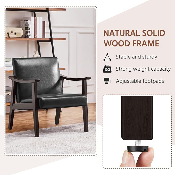 Yaheetech PU Leather Accent Chair, Mid-Century Modern Armchair with Solid Wood Legs, Reading Leisure Chair with High Back for Living Room Bedroom Waiting Room, Black - LeafyLoom