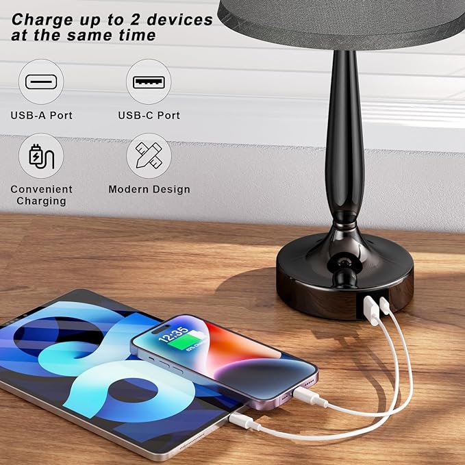 Kakanuo Touch Table Lamp for Bedroom, Small Bedside Lamp with USB C Charging Port, 3 Way Dimmable Touch Control Nightstand Lamp for Living Room and Office, LED Bulb Included - LeafyLoom