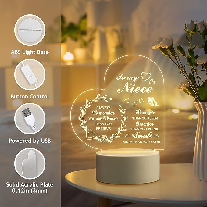 Niece Gifts from Auntie, Gifts to My Niece - Engraved Night Light, Birthday Gifts for Niece from Aunt, Encouragement Gifts for Niece from Aunt Uncle - LeafyLoom
