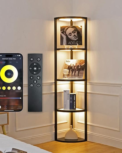 FENLO Fantasy Edge Pro - 66" Glass LED Corner Shelf Lamp with Adjustable Color Range (2700K-6000k), Dimmable Corner Floor Lamp with Shelves, Remote/App Control, On/Off Light Timer - LeafyLoom