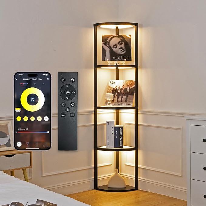 FENLO Fantasy Edge Pro - 66" Glass LED Corner Shelf Lamp with Adjustable Color Range (2700K-6000k), Dimmable Corner Floor Lamp with Shelves, Remote/App Control, On/Off Light Timer - LeafyLoom