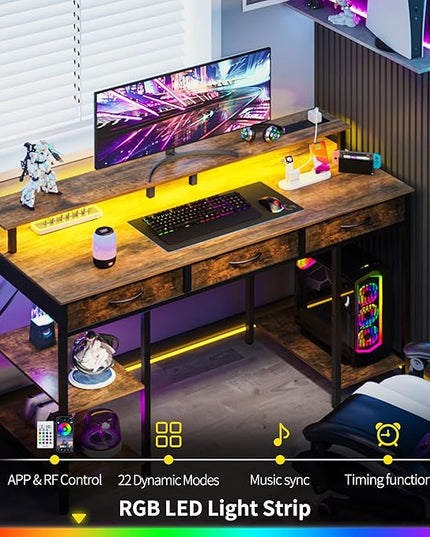 Yoobure Computer Desk with Drawers, Office Desk with LED Lights & Outlets, Small Desk with Storage Shelves, Gaming Desk 48" Home Office Desks with Monitor Stand, Writing Desk for Bedroom Small Spaces - LeafyLoom