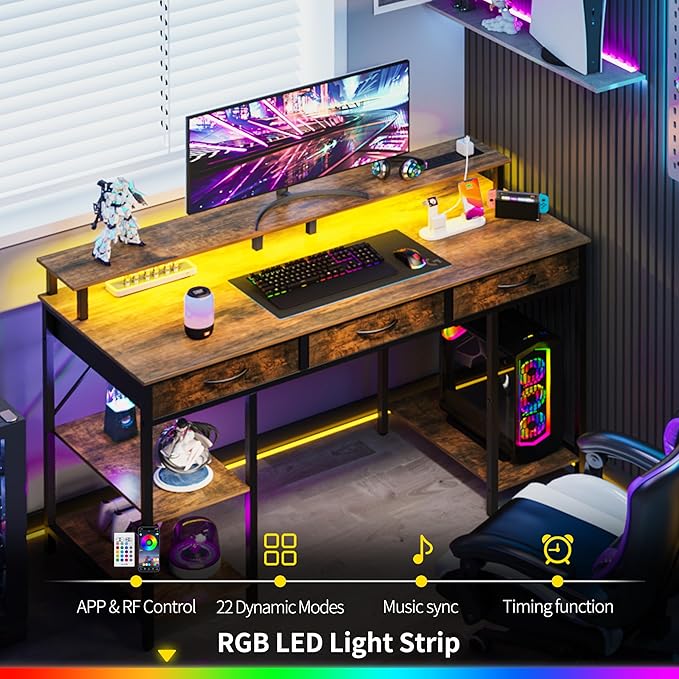 Yoobure Computer Desk with Drawers, Office Desk with LED Lights & Outlets, Small Desk with Storage Shelves, Gaming Desk 48" Home Office Desks with Monitor Stand, Writing Desk for Bedroom Small Spaces - LeafyLoom