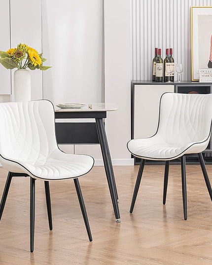 YOUTASTE White Dining Chairs Set of 2 Upholstered Mid Century Modern Kitchen Dining Room Chairs Armless Faux Leather Accent Chairs Metal Vanity Lounge Chair with Back for Living Room Bedrooms - LeafyLoom