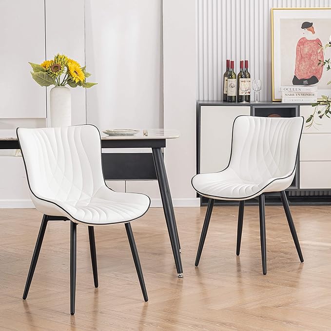 YOUTASTE White Dining Chairs Set of 2 Upholstered Mid Century Modern Kitchen Dining Room Chairs Armless Faux Leather Accent Chairs Metal Vanity Lounge Chair with Back for Living Room Bedrooms - LeafyLoom