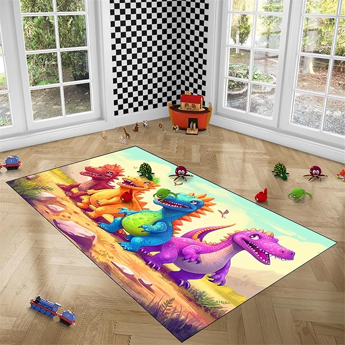 Dinosaur Rugs for Boys Bedroom - Cartoon Dinosaur Rug Dinosaur Carpet Playroom Mat for Kids Room Colorful Cute Dino Rug for Room Kids Carpet for Bedroom,5'×7' - LeafyLoom