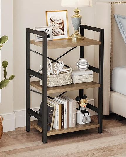 Bookshelf, 3 Tier Industrial Bookcase, Metal Small Bookcase, Rustic Etagere Book Shelf Storage Organizer for Living Room, Bedroom, and Home Office(Light Coffee) Patent Pending D29873033 - LeafyLoom