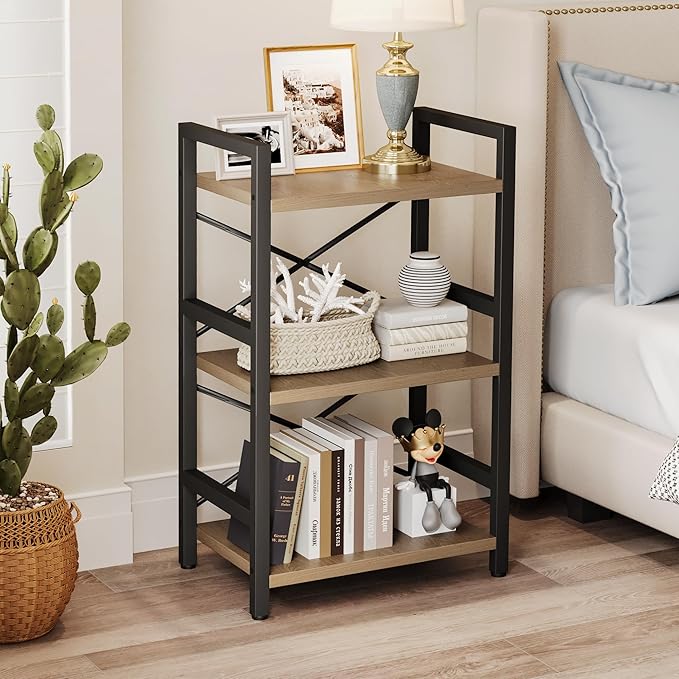 Bookshelf, 3 Tier Industrial Bookcase, Metal Small Bookcase, Rustic Etagere Book Shelf Storage Organizer for Living Room, Bedroom, and Home Office(Light Coffee) Patent Pending D29873033 - LeafyLoom