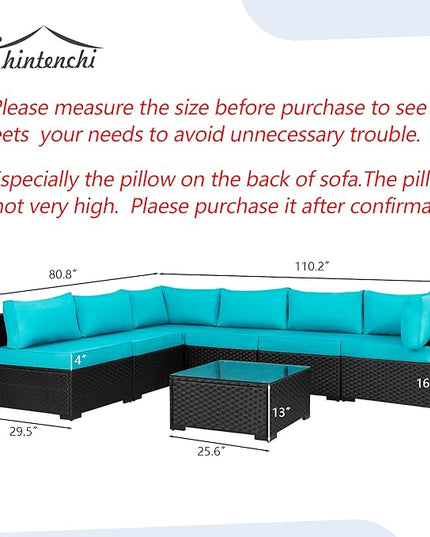 Shintenchi 7 Pieces Outdoor Patio Sectional Sofa Couch, Black PE Wicker Furniture Conversation Sets with Washable Cushions & Glass Coffee Table for Garden, Poolside, Backyard (Blue) - LeafyLoom