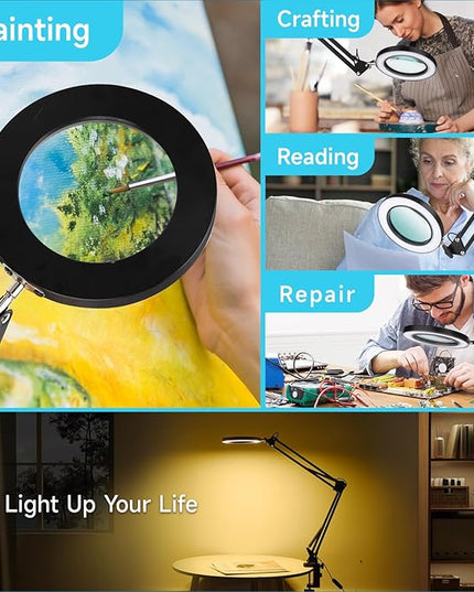 LED Magnifier Desk Lamp with Stand, 3 Color Modes & Stepless Dimming 5-Diopter Glass Lens, Adjustable Swivel Arm - Magnifying lamp for Close Work, Repair, Crafts, Reading - Long - LeafyLoom