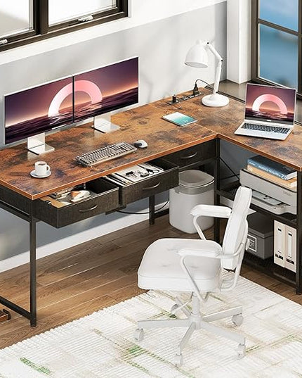 AODK 61 Inch L Shaped Computer Desk with Drawers, Corner Desk with Power Outlets & Reversible Storage Shelves, Movable CPU Stand for Home Office Gaming, Vintage - LeafyLoom