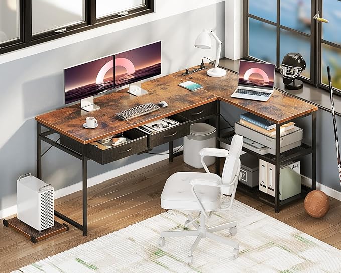 AODK 61 Inch L Shaped Computer Desk with Drawers, Corner Desk with Power Outlets & Reversible Storage Shelves, Movable CPU Stand for Home Office Gaming, Vintage - LeafyLoom