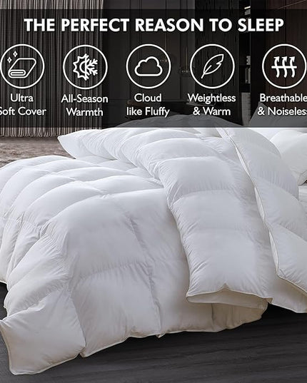 Luxurious Oversized King 108" x 98" Size Goose Down Fiber Waterfowl Feather Fiber Comforter Duvet, 100% Egyptian Cotton Cover, 65 oz. Fill Weight, Baffle Box Design, White Solid - LeafyLoom