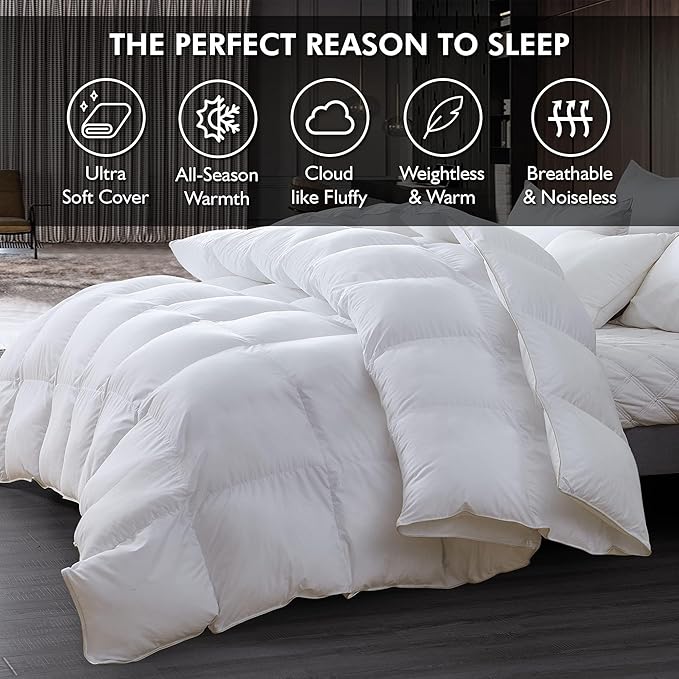 Luxurious Oversized King 108" x 98" Size Goose Down Fiber Waterfowl Feather Fiber Comforter Duvet, 100% Egyptian Cotton Cover, 65 oz. Fill Weight, Baffle Box Design, White Solid - LeafyLoom