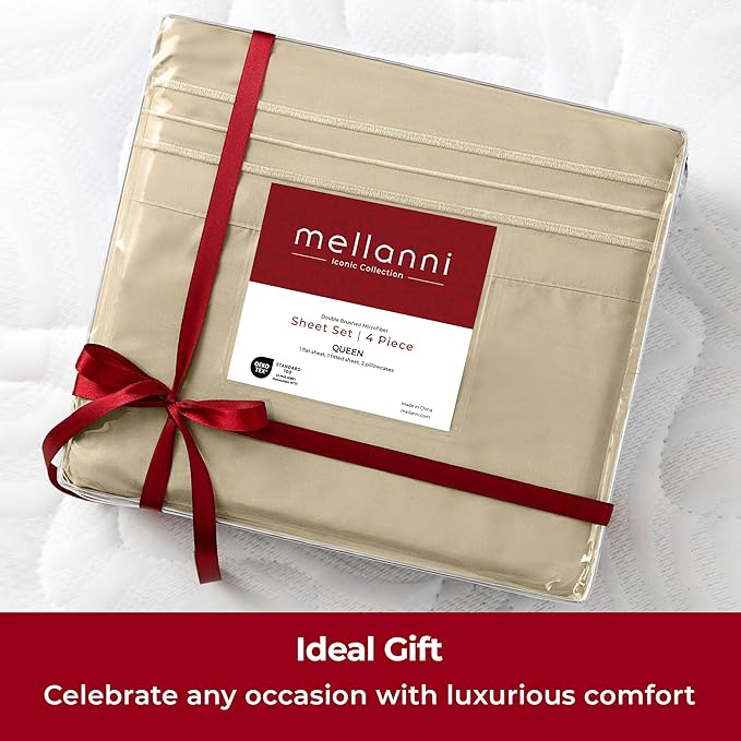 Mellanni Full Sheets Set - 4 PC Iconic Collection Bedding Sheets & Pillowcases - Hotel Luxury, Extra Soft, Cooling Bed Sheets - Deep Pocket up to 16 inch (Full, Beige) - LeafyLoom