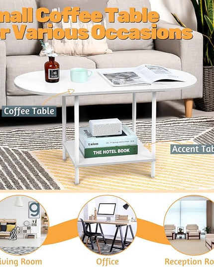 White Coffee Tables for Living Room,2-Tier Small Coffee Table Industrial Modern Oval Center Table with Storage Shelf and Wood Tabletop,for Small Space,Home Office - LeafyLoom