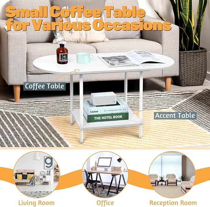 White Coffee Tables for Living Room,2-Tier Small Coffee Table Industrial Modern Oval Center Table with Storage Shelf and Wood Tabletop,for Small Space,Home Office - LeafyLoom