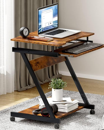 sogesfurniture Retro Computer Desk, Small Mobile Workstation with Keyboard Tray, Printer Shelf & Storage, 23.6x18.9x28.7 inches, Engineered Wood, for Home and Office - LeafyLoom