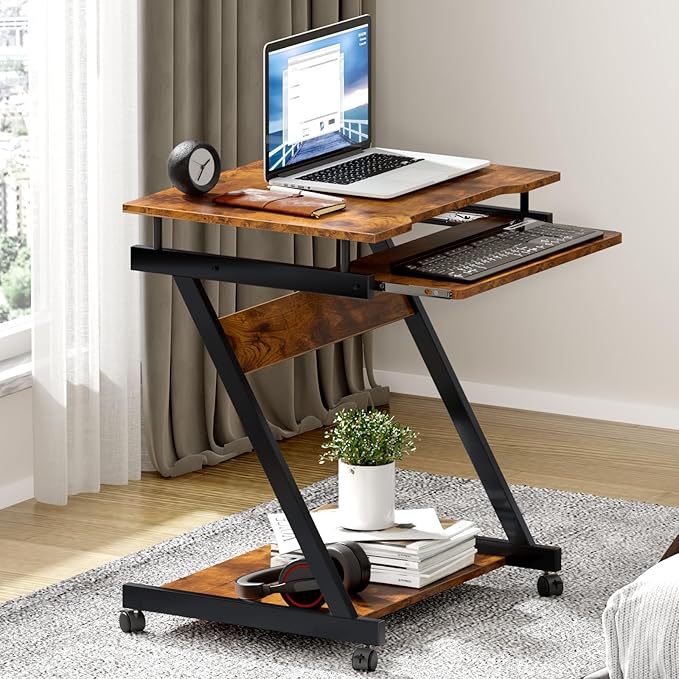 sogesfurniture Retro Computer Desk, Small Mobile Workstation with Keyboard Tray, Printer Shelf & Storage, 23.6x18.9x28.7 inches, Engineered Wood, for Home and Office - LeafyLoom