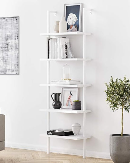 Nathan James 65506 Theo 5-Shelf White Modern Bookcase, Open Wall Mount Ladder Bookshelf with Industrial White Metal Frame, White - LeafyLoom