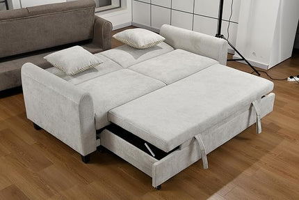 Queen Size Loveseat Sleeper Sofa,3 in 1 Soft Linen Upholstered Oversized Convertible Love Seat Sofabed cum Daybed W/Pull Out Sleep Couch Bed and USB Charging Ports for Living Space, 77.5", Grey - LeafyLoom