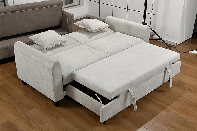 Queen Size Loveseat Sleeper Sofa,3 in 1 Soft Linen Upholstered Oversized Convertible Love Seat Sofabed cum Daybed W/Pull Out Sleep Couch Bed and USB Charging Ports for Living Space, 77.5", Grey - LeafyLoom