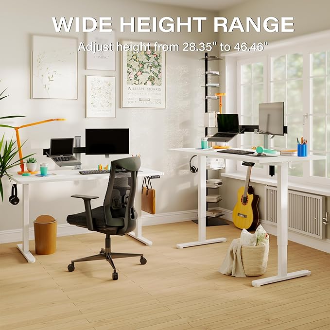 Monomi Electric Standing Desk, 63 x 28 inches Height Adjustable Desk, Ergonomic Home Office Sit Stand Up Desk with Memory Preset Controller (White Top/White Frame) - LeafyLoom