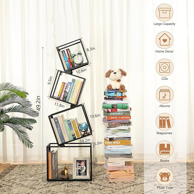 Bookshelf 2024 NEW, 4-Tier Bookshelves, 49.2" Tall Black Bookshelf, Book Shelf, Bookcase, Modern Bookshelf, Storage Shelves for CDs/Books/Collections, Display Shelf, Livingroom, Bedroom, Office - LeafyLoom
