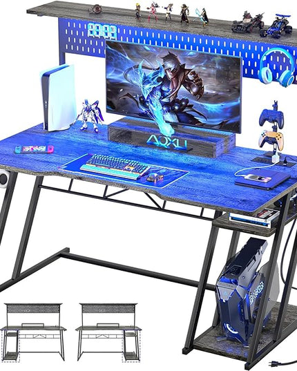 armocity 55'' Gaming Desk with Hutch and LED Lights, Gaming Computer Desk with Storage Shelves & Z-Shaped Legs, Reversible PC Gaming Desk with Pegboard, Ergonomic Desk for Bedroom, Grey Oak - LeafyLoom
