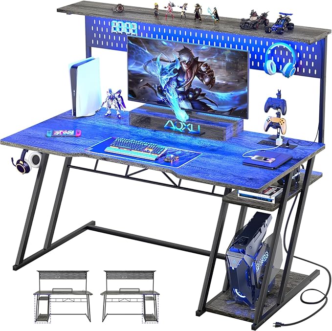 armocity 55'' Gaming Desk with Hutch and LED Lights, Gaming Computer Desk with Storage Shelves & Z-Shaped Legs, Reversible PC Gaming Desk with Pegboard, Ergonomic Desk for Bedroom, Grey Oak - LeafyLoom