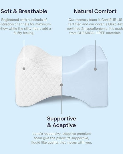 Luna Orthopedic Pillow Knee Pillow | Memory Foam Pillows for Hip Pain & Lower Back Pain Relief | Post Surgery Pillow, Sciatica Pain Relief Pillow for Adults | Knee Surgery Gifts - LeafyLoom