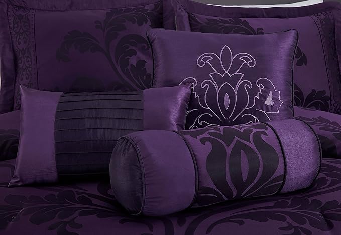 Chezmoi Collection Royale 7-Piece Jacquard Floral Comforter Set, Oversized King, Purple/Dark Purple - LeafyLoom