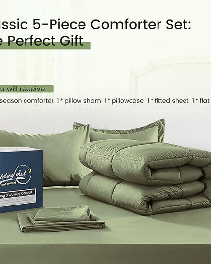 Twin Bed in a Bag 5 Pieces Comforter Set Twin, Wood Grain Texture Bedding Comforter Set Green Bed Set with Comforter, Pillowcase, Flat Sheet, Fitted Sheet and Pillow Sham - LeafyLoom