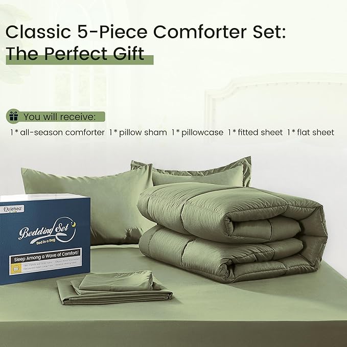 Twin Bed in a Bag 5 Pieces Comforter Set Twin, Wood Grain Texture Bedding Comforter Set Green Bed Set with Comforter, Pillowcase, Flat Sheet, Fitted Sheet and Pillow Sham - LeafyLoom