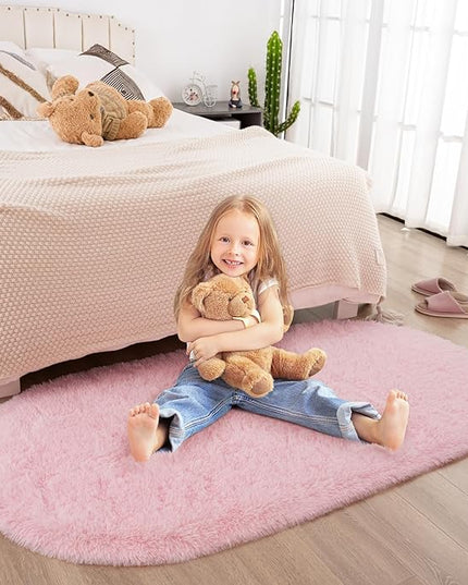 Merelax Soft Shaggy Rug for Kids Bedroom, Oval 2.6'x5.3' Pink Plush Fluffy Carpets for Living Room, Furry Carpet for Teen Girls Room, Anti-skid Fuzzy Comfy Rug for Nursery Decor Cute Baby Play Mat - LeafyLoom