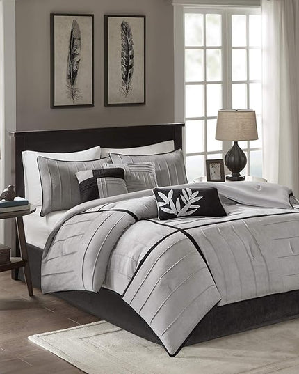 Madison Park Cozy Comforter Set Casual Blocks Design All Season, Matching Bed Skirt, Decorative Pillows, Full(82"x90"), Dune Suede, Black Grey, 7 Piece - LeafyLoom