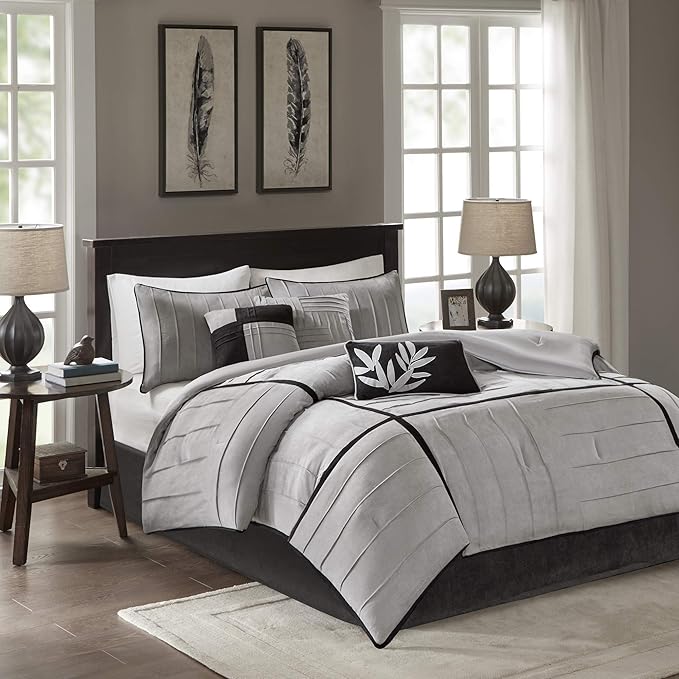 Madison Park Cozy Comforter Set Casual Blocks Design All Season, Matching Bed Skirt, Decorative Pillows, Full(82"x90"), Dune Suede, Black Grey, 7 Piece - LeafyLoom