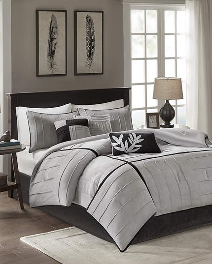 Madison Park Cozy Comforter Set Casual Blocks Design All Season, Matching Bed Skirt, Decorative Pillows, Queen (90 in x 90 in), Dune Black/Grey, 7 Piece - LeafyLoom