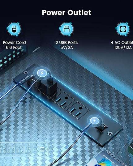 Gaming Desk, 47 inch L Shaped Gaming Desk, Computer Desk with LED Lights & Adjustable Stand, Power Outlets, Storage Drawer, Reversible Gaming Desk with Shelves, Hook, Black Carbon Fiber - LeafyLoom