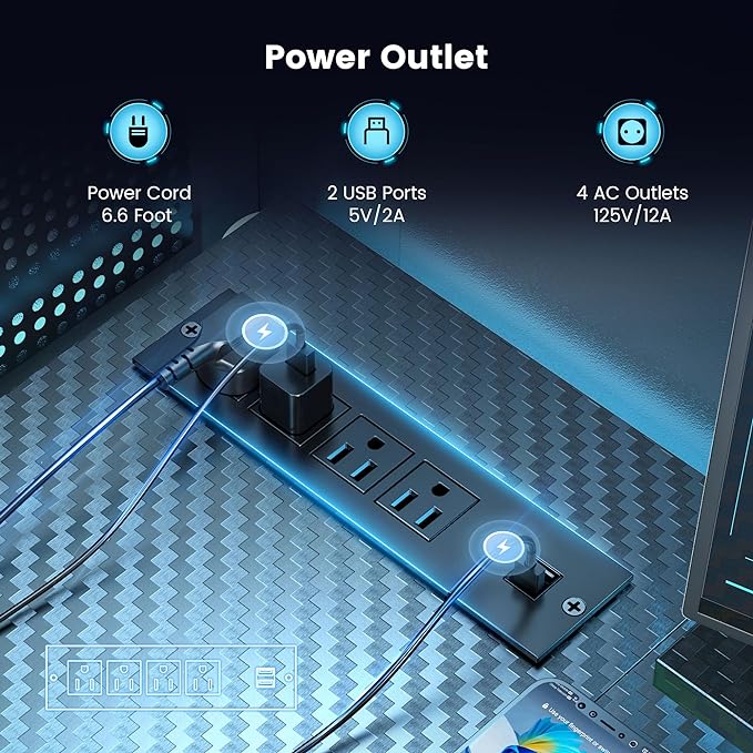 Gaming Desk, 47 inch L Shaped Gaming Desk, Computer Desk with LED Lights & Adjustable Stand, Power Outlets, Storage Drawer, Reversible Gaming Desk with Shelves, Hook, Black Carbon Fiber - LeafyLoom