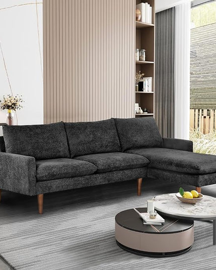 Sectional 86" Velvet Upholstered L-Shaped Sofa with Padded Cashmere,Multi-Functional 3 Seat Convertible Sleeper Couch w/Tapered Wood Legs and Adjustable Backrest,for Living Room,Black - LeafyLoom
