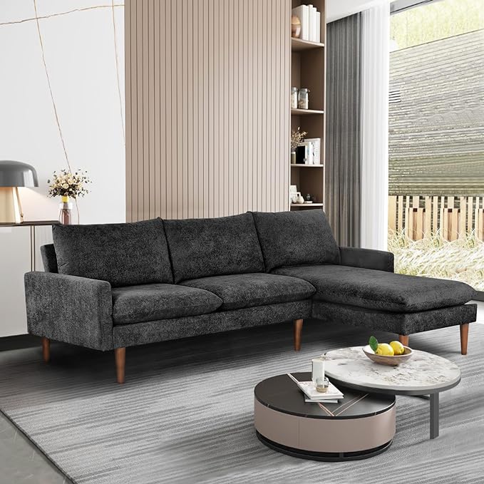 Sectional 86" Velvet Upholstered L-Shaped Sofa with Padded Cashmere,Multi-Functional 3 Seat Convertible Sleeper Couch w/Tapered Wood Legs and Adjustable Backrest,for Living Room,Black - LeafyLoom