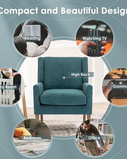 COLAMY Modern Wingback Living Room Chair, Upholstered Fabric Accent Armchair, Single Sofa chair with Lounge Seat and Wood Legs for Bedroom/Office/Reading Spaces, Teal - LeafyLoom