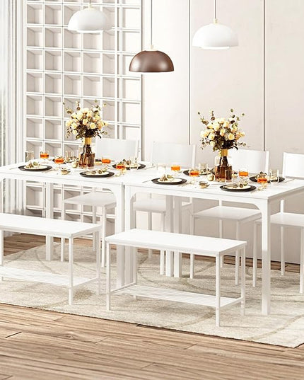 sogesfurniture Modern 4-Piece Kitchen Dining Table Set with 1 Bench and 2 Chairs, Kitchen Bench Table Set for 4, Wooden Kitchen Table and Chairs for Limited Space,White - LeafyLoom