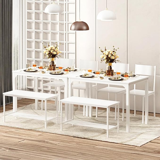 sogesfurniture Modern 4-Piece Kitchen Dining Table Set with 1 Bench and 2 Chairs, Kitchen Bench Table Set for 4, Wooden Kitchen Table and Chairs for Limited Space,White - LeafyLoom