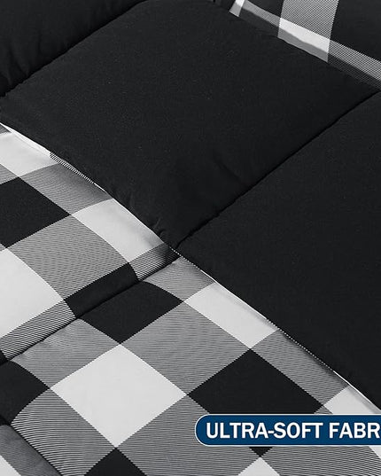 downluxe Lightweight Plaid Comforter Set (King) with 2 Pillow Shams - 3-Piece Set - Black/White Plaid - Down Alternative Reversible Comforter - LeafyLoom