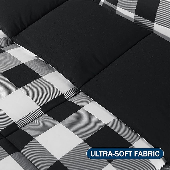 downluxe Lightweight Plaid Comforter Set (King) with 2 Pillow Shams - 3-Piece Set - Black/White Plaid - Down Alternative Reversible Comforter - LeafyLoom