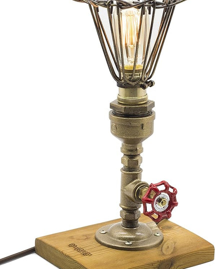 Loft Style Lamp, Pharos", Steam Punk Industrial Vintage Style, Wood Base Metal Body, Table Desk Light with Dimmer, LL-016 - LeafyLoom